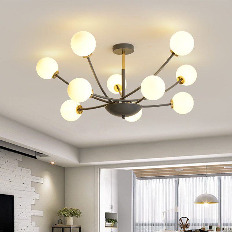 Black Orb Semi Flushmount Light Postmodern 10 Bulbs White Glass LED Sputnik Ceiling Flush Mount Clearhalo 'Ceiling Lights' 'Close To Ceiling Lights' 'Close to ceiling' 'Glass shade' 'Glass' 'Semi-flushmount' Lighting' 730081