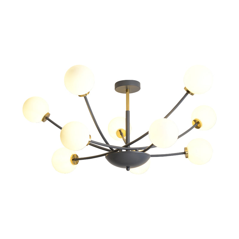 Black Orb Semi Flushmount Light Postmodern 10 Bulbs White Glass LED Sputnik Ceiling Flush Mount Clearhalo 'Ceiling Lights' 'Close To Ceiling Lights' 'Close to ceiling' 'Glass shade' 'Glass' 'Semi-flushmount' Lighting' 730083