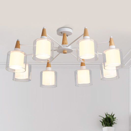 Beige Double Cylinder Flush Mount Fixture Modernism 8 Heads Clear and White Glass Semi Close to Ceiling Light White Clearhalo 'Ceiling Lights' 'Close To Ceiling Lights' 'Close to ceiling' 'Glass shade' 'Glass' 'Semi-flushmount' Lighting' 730090