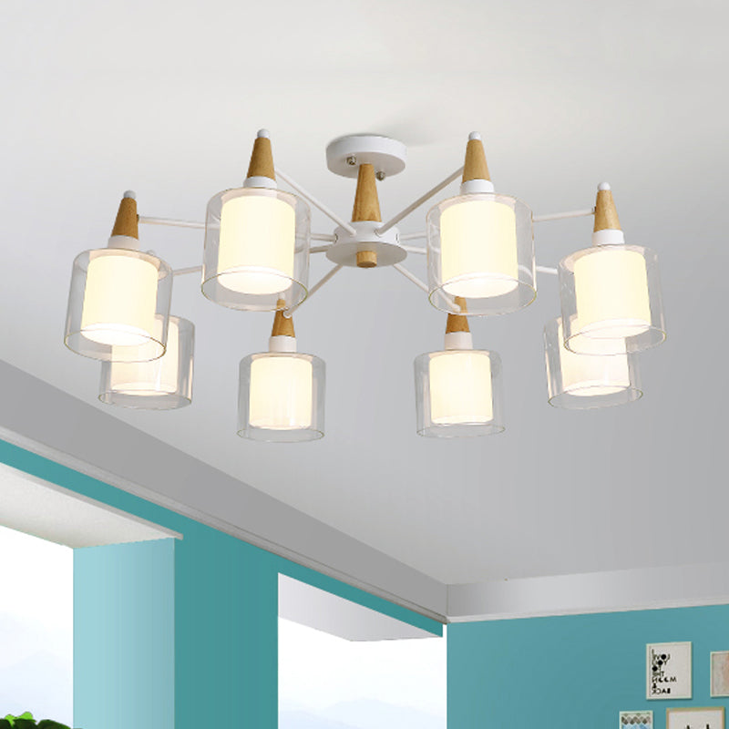 Beige Double Cylinder Flush Mount Fixture Modernism 8 Heads Clear and White Glass Semi Close to Ceiling Light Clearhalo 'Ceiling Lights' 'Close To Ceiling Lights' 'Close to ceiling' 'Glass shade' 'Glass' 'Semi-flushmount' Lighting' 730091