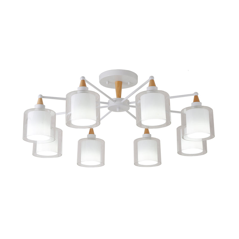 Beige Double Cylinder Flush Mount Fixture Modernism 8 Heads Clear and White Glass Semi Close to Ceiling Light Clearhalo 'Ceiling Lights' 'Close To Ceiling Lights' 'Close to ceiling' 'Glass shade' 'Glass' 'Semi-flushmount' Lighting' 730093