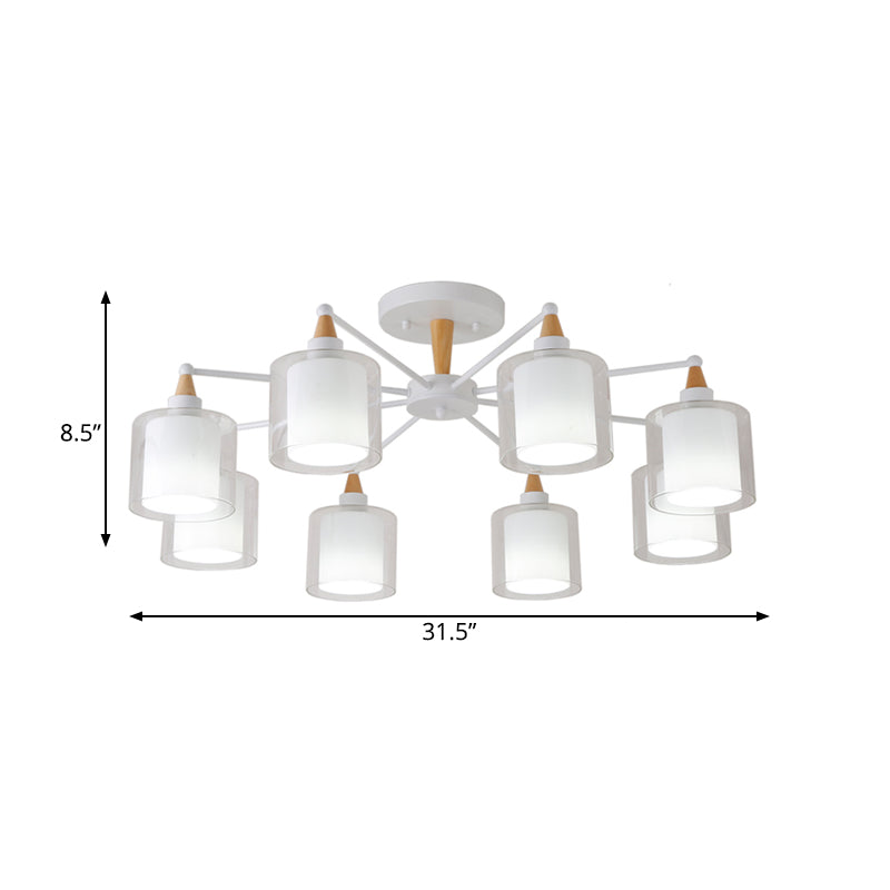 Beige Double Cylinder Flush Mount Fixture Modernism 8 Heads Clear and White Glass Semi Close to Ceiling Light Clearhalo 'Ceiling Lights' 'Close To Ceiling Lights' 'Close to ceiling' 'Glass shade' 'Glass' 'Semi-flushmount' Lighting' 730094