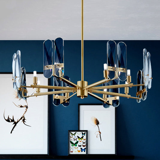 Blue Glass Oval Panel Hanging Ceiling Light Postmodern 8 Bulbs Brass LED Chandelier Lamp with Radial Design Blue Clearhalo 'Ceiling Lights' 'Chandeliers' 'Modern Chandeliers' 'Modern' Lighting' 730100