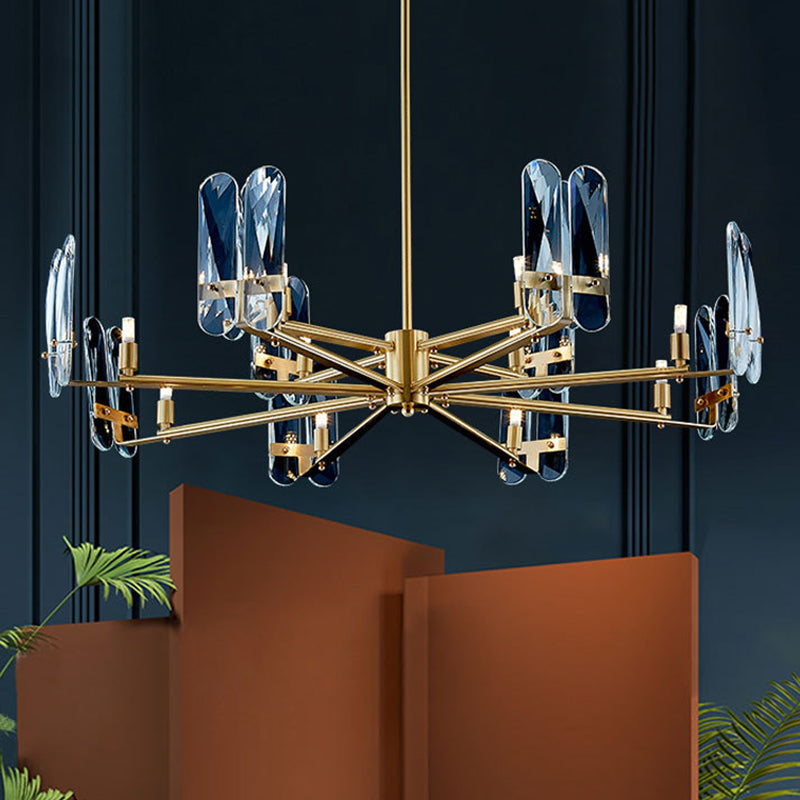 Blue Glass Oval Panel Hanging Ceiling Light Postmodern 8 Bulbs Brass LED Chandelier Lamp with Radial Design Clearhalo 'Ceiling Lights' 'Chandeliers' 'Modern Chandeliers' 'Modern' Lighting' 730101