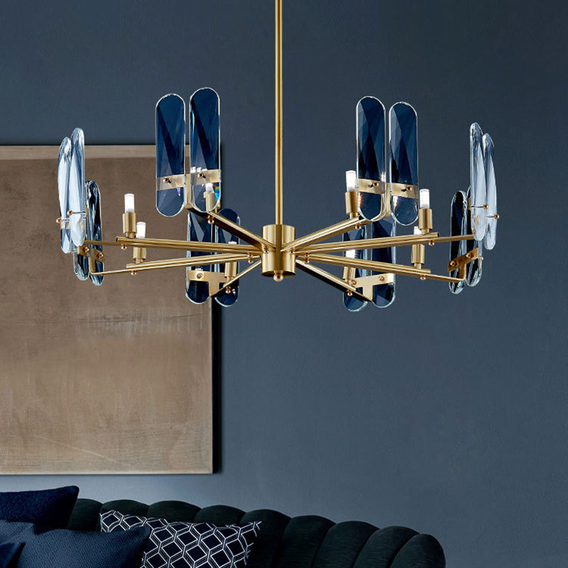 Blue Glass Oval Panel Hanging Ceiling Light Postmodern 8 Bulbs Brass LED Chandelier Lamp with Radial Design Clearhalo 'Ceiling Lights' 'Chandeliers' 'Modern Chandeliers' 'Modern' Lighting' 730102