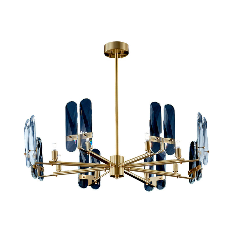 Blue Glass Oval Panel Hanging Ceiling Light Postmodern 8 Bulbs Brass LED Chandelier Lamp with Radial Design Clearhalo 'Ceiling Lights' 'Chandeliers' 'Modern Chandeliers' 'Modern' Lighting' 730103