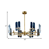 Blue Glass Oval Panel Hanging Ceiling Light Postmodern 8 Bulbs Brass LED Chandelier Lamp with Radial Design Clearhalo 'Ceiling Lights' 'Chandeliers' 'Modern Chandeliers' 'Modern' Lighting' 730104