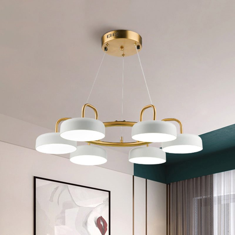 Metallic Drum Pendant Light Fixture Modernist 6-Head LED Ring Chandelier Lamp in White and Gold White-Gold Clearhalo 'Ceiling Lights' 'Chandeliers' 'Modern Chandeliers' 'Modern' Lighting' 730110