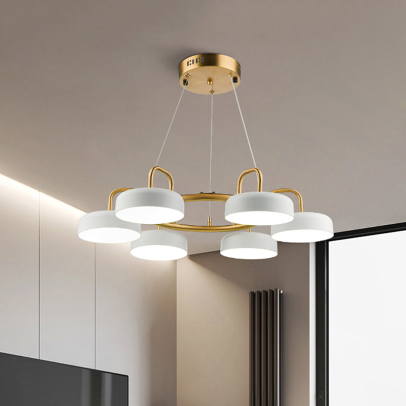 Metallic Drum Pendant Light Fixture Modernist 6-Head LED Ring Chandelier Lamp in White and Gold Clearhalo 'Ceiling Lights' 'Chandeliers' 'Modern Chandeliers' 'Modern' Lighting' 730111