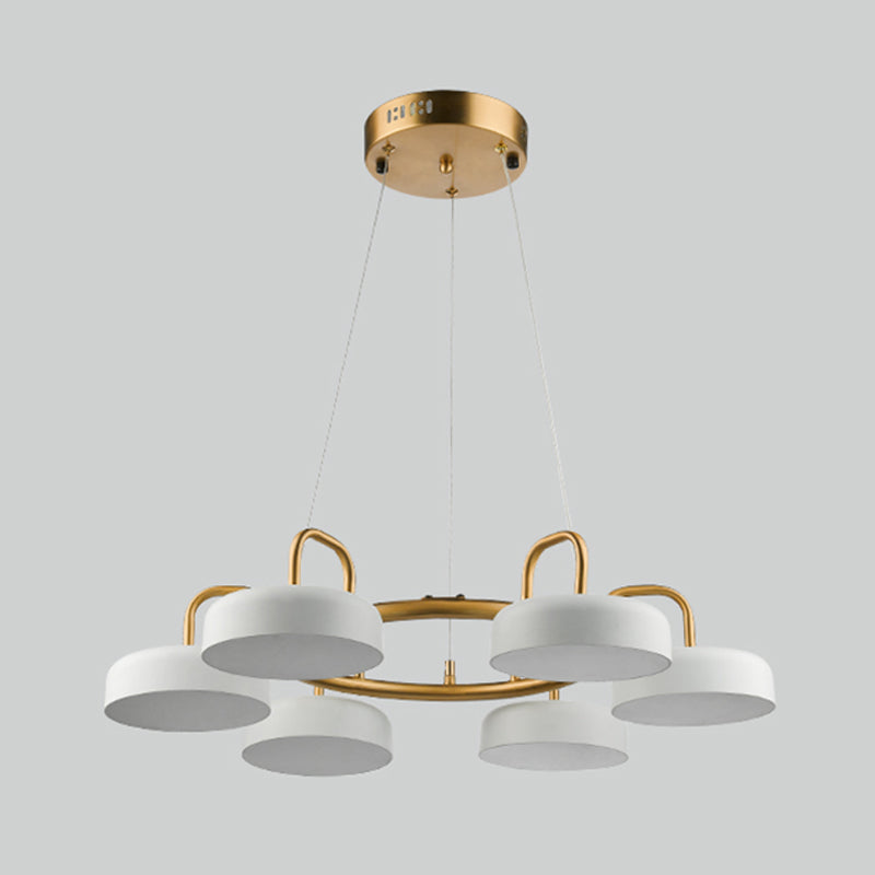 Metallic Drum Pendant Light Fixture Modernist 6-Head LED Ring Chandelier Lamp in White and Gold Clearhalo 'Ceiling Lights' 'Chandeliers' 'Modern Chandeliers' 'Modern' Lighting' 730112