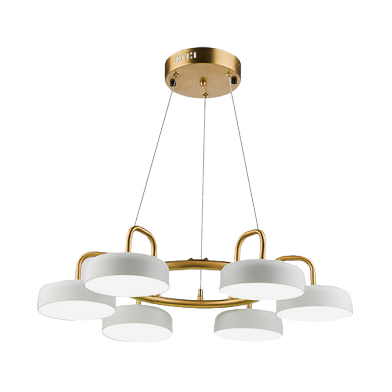 Metallic Drum Pendant Light Fixture Modernist 6-Head LED Ring Chandelier Lamp in White and Gold Clearhalo 'Ceiling Lights' 'Chandeliers' 'Modern Chandeliers' 'Modern' Lighting' 730113