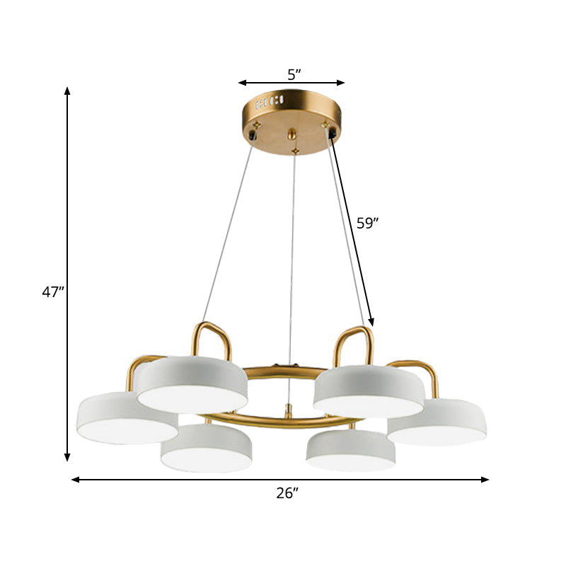 Metallic Drum Pendant Light Fixture Modernist 6-Head LED Ring Chandelier Lamp in White and Gold Clearhalo 'Ceiling Lights' 'Chandeliers' 'Modern Chandeliers' 'Modern' Lighting' 730114