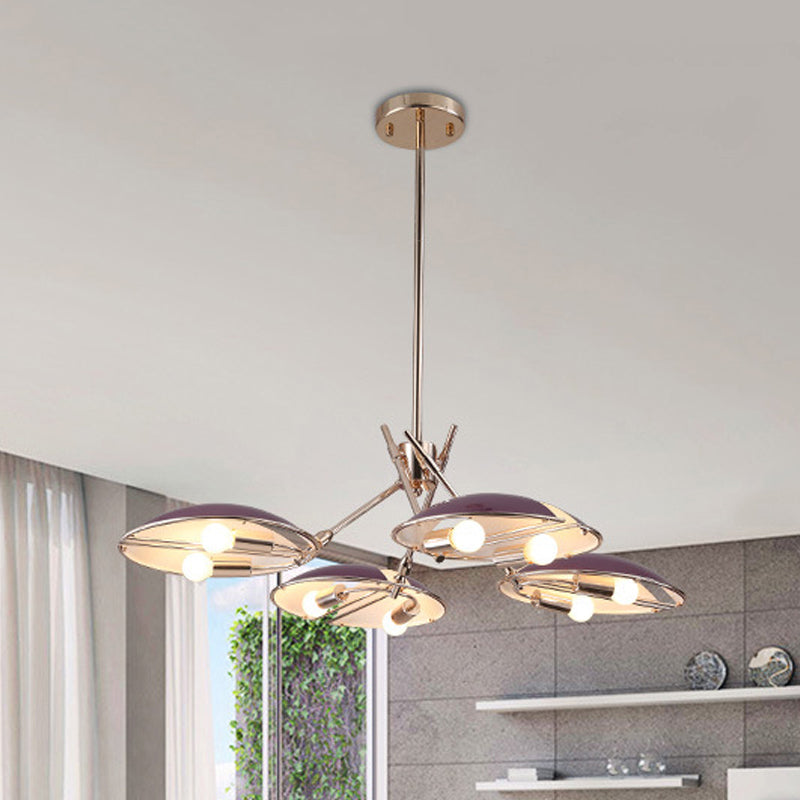 Contemporary Flat Dome Hanging Light Metallic 8 Lights Living Room Ceiling Chandelier in Purple Purple Clearhalo 'Ceiling Lights' 'Chandeliers' 'Modern Chandeliers' 'Modern' Lighting' 730130