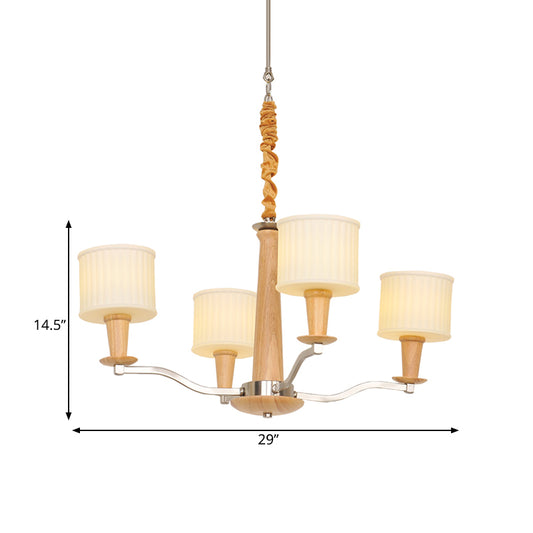 Beige Radial Ceiling Chandelier Modernist 4-Head Wood Hanging Light Fixture with Drum Cream Glass Shade Clearhalo 'Carpenter Chandeliers' 'Ceiling Lights' 'Chandeliers' 'Industrial' 'Modern Chandeliers' 'Modern' Lighting' 730154