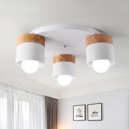 Iron Cylinder Flush Mount Fixture Modern Nordic 3 Bulbs White Ceiling Flush with Wood Top for Bedroom White Clearhalo 'Ceiling Lights' 'Close To Ceiling Lights' 'Close to ceiling' 'Flush mount' Lighting' 730160