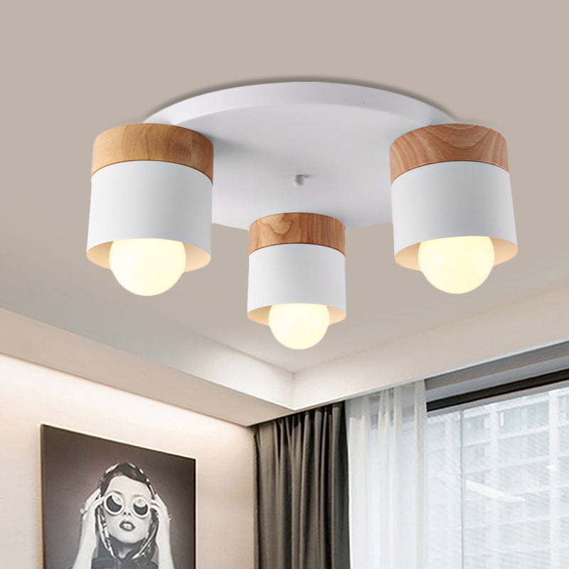 Iron Cylinder Flush Mount Fixture Modern Nordic 3 Bulbs White Ceiling Flush with Wood Top for Bedroom Clearhalo 'Ceiling Lights' 'Close To Ceiling Lights' 'Close to ceiling' 'Flush mount' Lighting' 730161