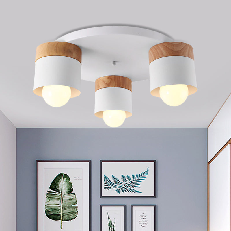 Iron Cylinder Flush Mount Fixture Modern Nordic 3 Bulbs White Ceiling Flush with Wood Top for Bedroom Clearhalo 'Ceiling Lights' 'Close To Ceiling Lights' 'Close to ceiling' 'Flush mount' Lighting' 730162