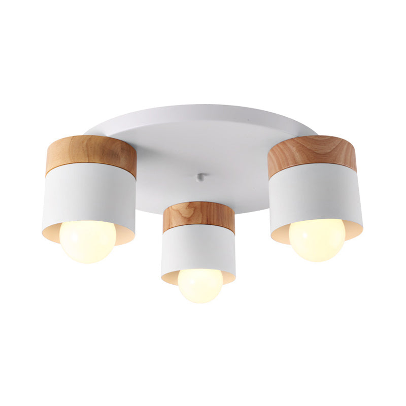 Iron Cylinder Flush Mount Fixture Modern Nordic 3 Bulbs White Ceiling Flush with Wood Top for Bedroom Clearhalo 'Ceiling Lights' 'Close To Ceiling Lights' 'Close to ceiling' 'Flush mount' Lighting' 730163