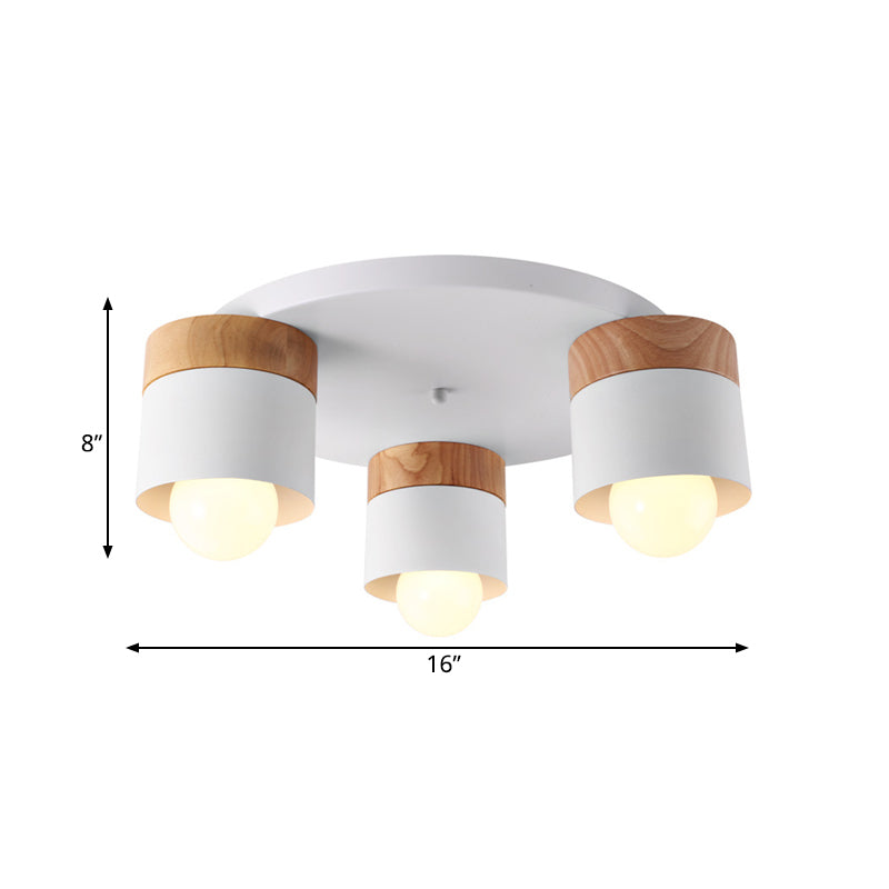 Iron Cylinder Flush Mount Fixture Modern Nordic 3 Bulbs White Ceiling Flush with Wood Top for Bedroom Clearhalo 'Ceiling Lights' 'Close To Ceiling Lights' 'Close to ceiling' 'Flush mount' Lighting' 730164