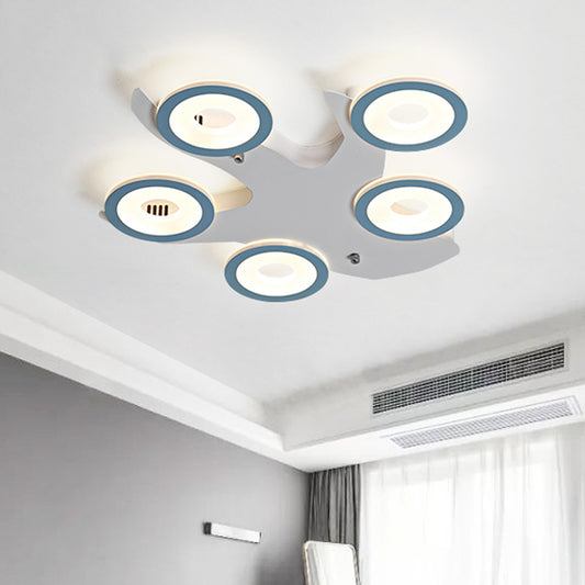 Nordic 5-Ring Flush Ceiling Light Fixture Acrylic LED Bedroom Flush Mount Lamp in Blue with Tree Iron Canopy Blue Clearhalo 'Ceiling Lights' 'Close To Ceiling Lights' 'Close to ceiling' 'Flush mount' Lighting' 730165