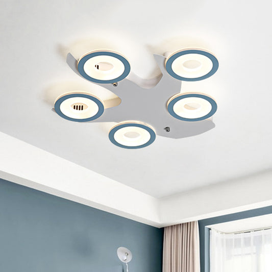 Nordic 5-Ring Flush Ceiling Light Fixture Acrylic LED Bedroom Flush Mount Lamp in Blue with Tree Iron Canopy Clearhalo 'Ceiling Lights' 'Close To Ceiling Lights' 'Close to ceiling' 'Flush mount' Lighting' 730166