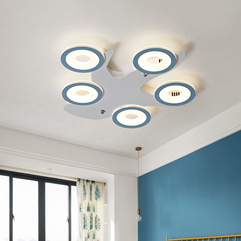 Nordic 5-Ring Flush Ceiling Light Fixture Acrylic LED Bedroom Flush Mount Lamp in Blue with Tree Iron Canopy Clearhalo 'Ceiling Lights' 'Close To Ceiling Lights' 'Close to ceiling' 'Flush mount' Lighting' 730167