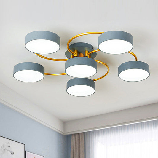 Small Drum Iron Semi Flush Light Fixture Nordic 6 Heads Grey LED Close to Ceiling Lamp with Gold Spiral Arm Grey Clearhalo 'Ceiling Lights' 'Close To Ceiling Lights' 'Close to ceiling' 'Semi-flushmount' Lighting' 730170