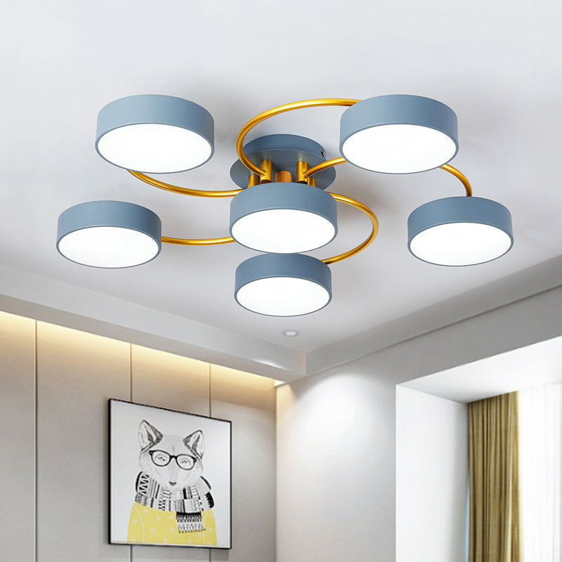 Small Drum Iron Semi Flush Light Fixture Nordic 6 Heads Grey LED Close to Ceiling Lamp with Gold Spiral Arm Clearhalo 'Ceiling Lights' 'Close To Ceiling Lights' 'Close to ceiling' 'Semi-flushmount' Lighting' 730171