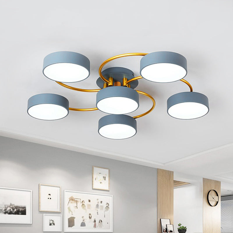 Small Drum Iron Semi Flush Light Fixture Nordic 6 Heads Grey LED Close to Ceiling Lamp with Gold Spiral Arm Clearhalo 'Ceiling Lights' 'Close To Ceiling Lights' 'Close to ceiling' 'Semi-flushmount' Lighting' 730172