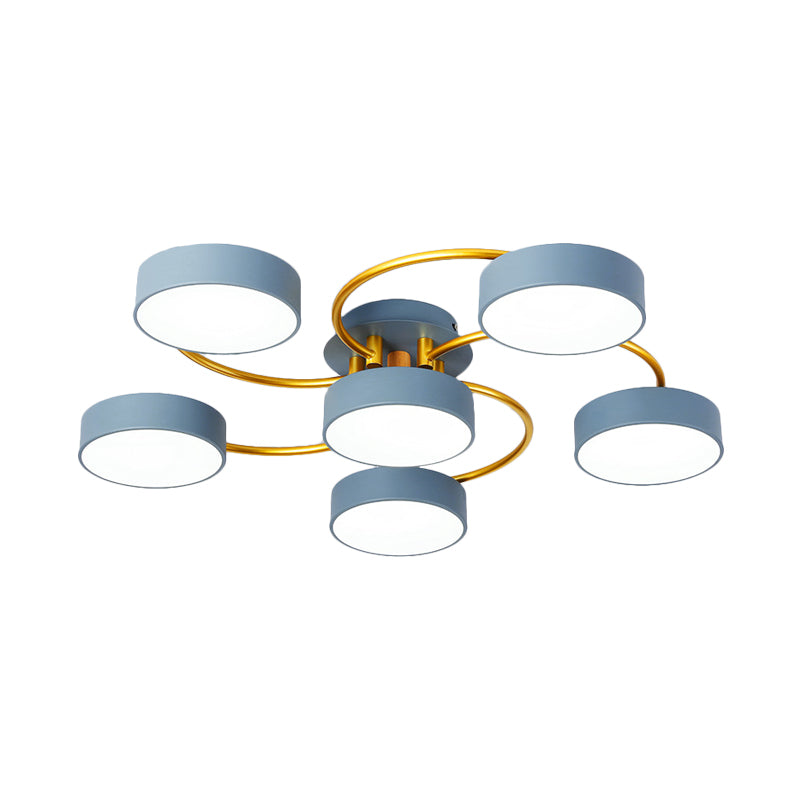 Small Drum Iron Semi Flush Light Fixture Nordic 6 Heads Grey LED Close to Ceiling Lamp with Gold Spiral Arm Clearhalo 'Ceiling Lights' 'Close To Ceiling Lights' 'Close to ceiling' 'Semi-flushmount' Lighting' 730173