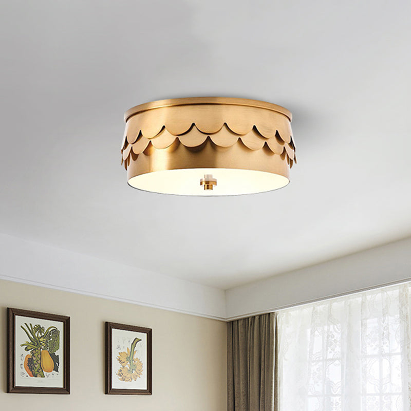 Drum Ceiling Mounted Light Postmodern Iron LED Bedroom Flush Mount Lamp in Gold with Ruffled Edge Clearhalo 'Ceiling Lights' 'Close To Ceiling Lights' 'Close to ceiling' 'Flush mount' Lighting' 730258