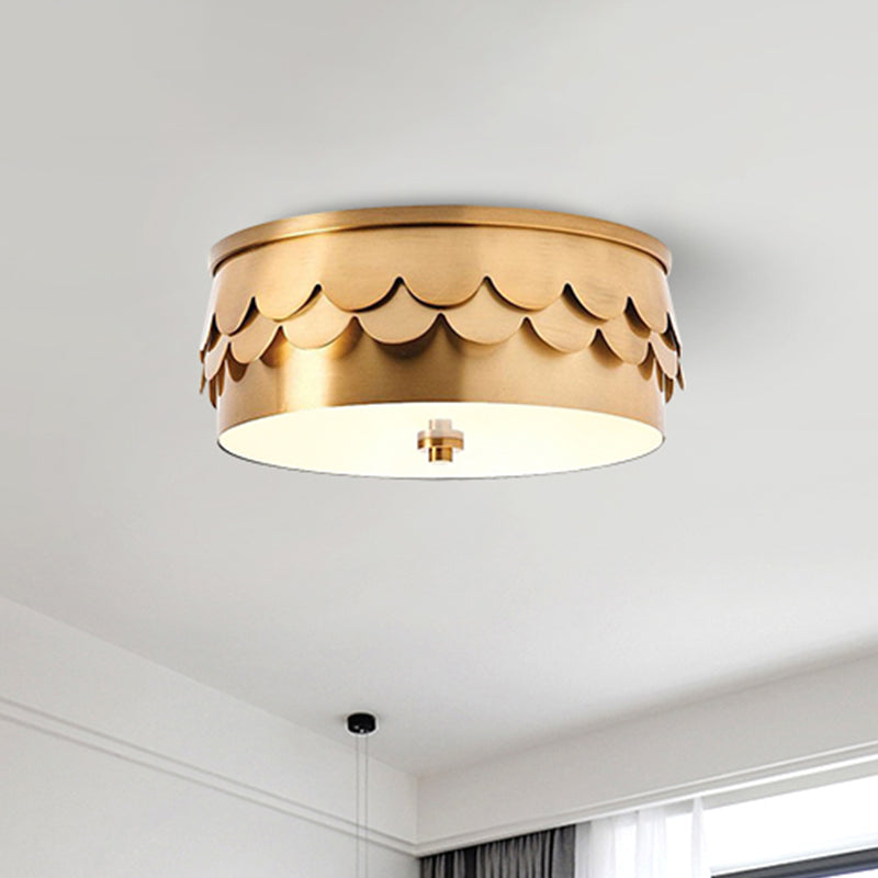 Drum Ceiling Mounted Light Postmodern Iron LED Bedroom Flush Mount Lamp in Gold with Ruffled Edge Clearhalo 'Ceiling Lights' 'Close To Ceiling Lights' 'Close to ceiling' 'Flush mount' Lighting' 730259