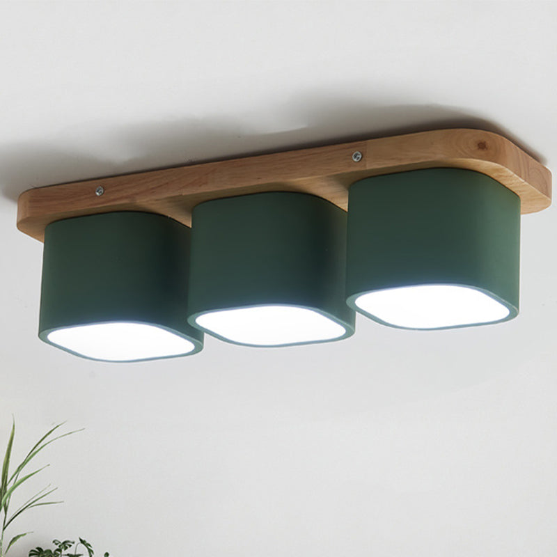 Green Square Ceiling Mounted Fixture Simplicity 3 Bulbs Iron Flush Mount with Wooden Canopy in Warm/White Light Green Clearhalo 'Ceiling Lights' 'Close To Ceiling Lights' 'Close to ceiling' 'Flush mount' Lighting' 730267