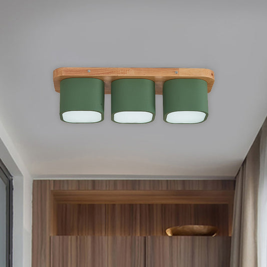 Green Square Ceiling Mounted Fixture Simplicity 3 Bulbs Iron Flush Mount with Wooden Canopy in Warm/White Light Clearhalo 'Ceiling Lights' 'Close To Ceiling Lights' 'Close to ceiling' 'Flush mount' Lighting' 730268