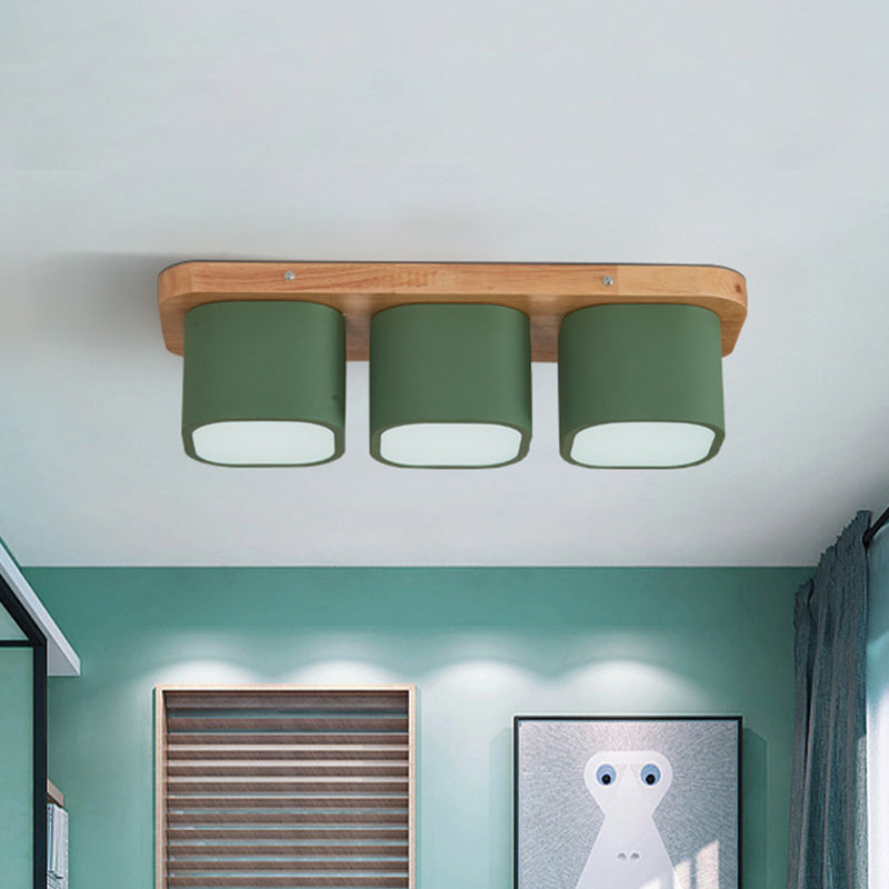 Green Square Ceiling Mounted Fixture Simplicity 3 Bulbs Iron Flush Mount with Wooden Canopy in Warm/White Light Clearhalo 'Ceiling Lights' 'Close To Ceiling Lights' 'Close to ceiling' 'Flush mount' Lighting' 730269