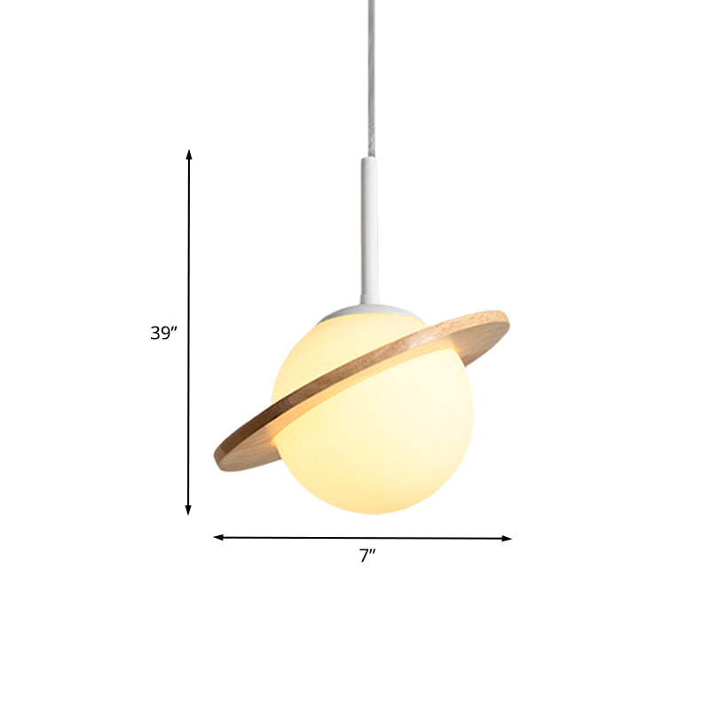 Simple Global Hanging Light Fixture White Glass 1-Head Bedside Pendant Lamp with Wood Ring Clearhalo 'Ceiling Lights' 'Glass shade' 'Glass' 'Modern Pendants' 'Modern' 'Pendant Lights' 'Pendants' Lighting' 730296