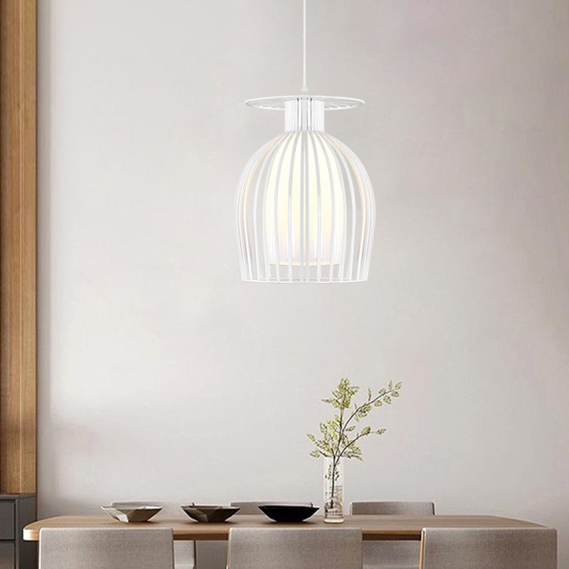 Iron Cup Cage Down Lighting Modern 1 Light Hanging Pendant in White with Opal Glass Shade for Restaurant Clearhalo 'Ceiling Lights' 'Close To Ceiling Lights' 'Glass shade' 'Glass' 'Modern Pendants' 'Modern' 'Pendant Lights' 'Pendants' Lighting' 730303