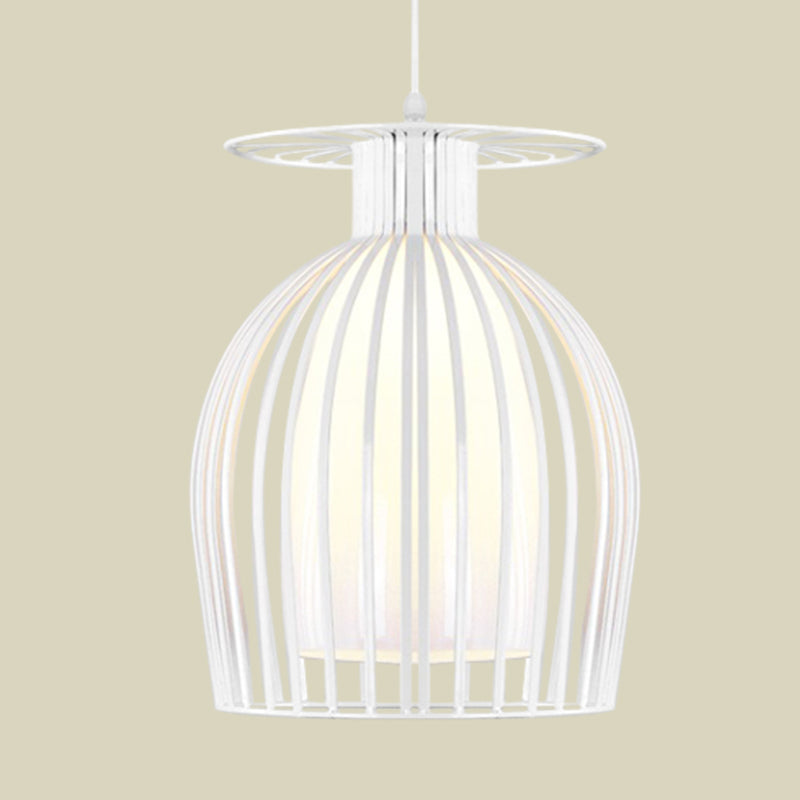 Iron Cup Cage Down Lighting Modern 1 Light Hanging Pendant in White with Opal Glass Shade for Restaurant Clearhalo 'Ceiling Lights' 'Close To Ceiling Lights' 'Glass shade' 'Glass' 'Modern Pendants' 'Modern' 'Pendant Lights' 'Pendants' Lighting' 730305