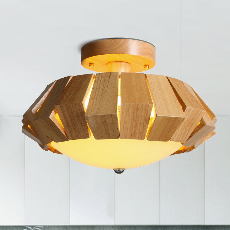 Simple Geometric Wood Semi Flush LED Flush Mount Spotlight with Bowl White Glass Shade Wood Clearhalo 'Ceiling Lights' 'Close To Ceiling Lights' 'Close to ceiling' 'Semi-flushmount' Lighting' 730330