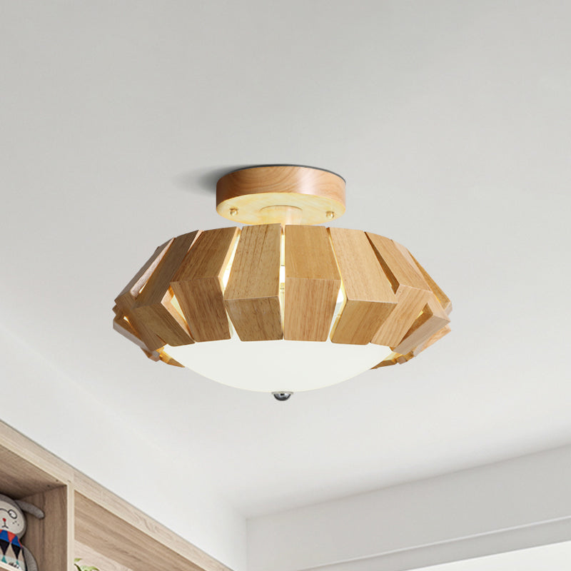 Simple Geometric Wood Semi Flush LED Flush Mount Spotlight with Bowl White Glass Shade Clearhalo 'Ceiling Lights' 'Close To Ceiling Lights' 'Close to ceiling' 'Semi-flushmount' Lighting' 730331