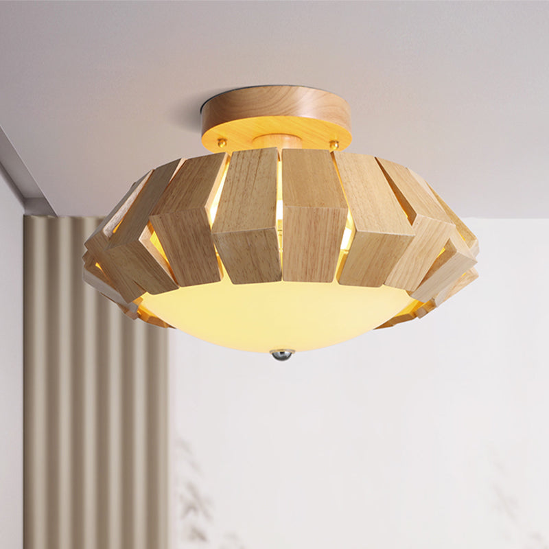 Simple Geometric Wood Semi Flush LED Flush Mount Spotlight with Bowl White Glass Shade Clearhalo 'Ceiling Lights' 'Close To Ceiling Lights' 'Close to ceiling' 'Semi-flushmount' Lighting' 730332