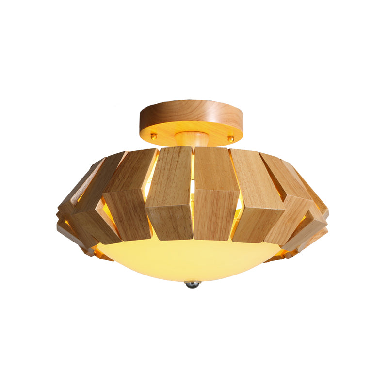 Simple Geometric Wood Semi Flush LED Flush Mount Spotlight with Bowl White Glass Shade Clearhalo 'Ceiling Lights' 'Close To Ceiling Lights' 'Close to ceiling' 'Semi-flushmount' Lighting' 730333