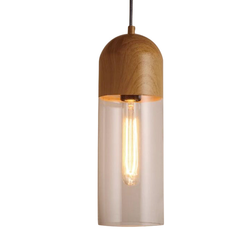 Half Capsule Ceiling Light Modern Clear Glass 1 Head Wood Pendant Lamp Fixture for Bedroom Clearhalo 'Ceiling Lights' 'Glass shade' 'Glass' 'Modern Pendants' 'Modern' 'Pendant Lights' 'Pendants' Lighting' 730366