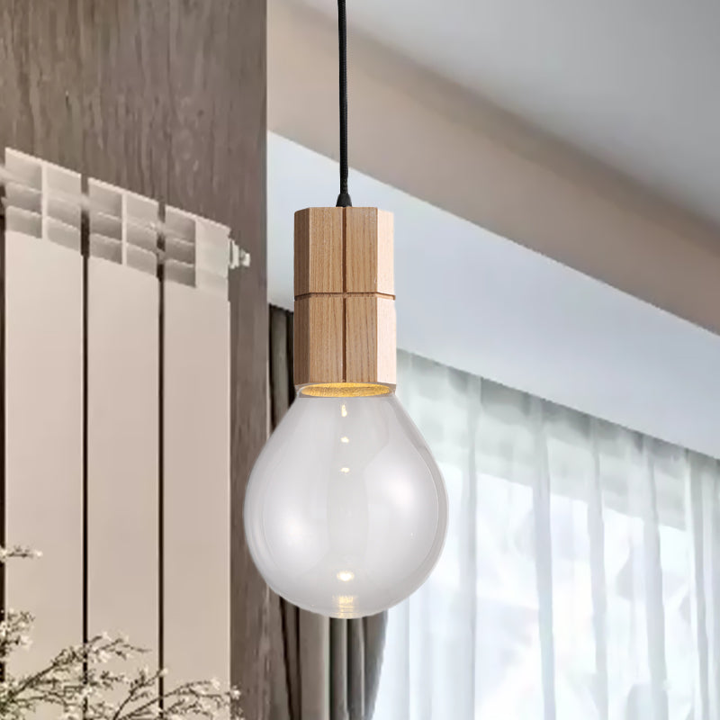 Exposed Bulb Ceiling Pendant Light Modern Clear Glass 1 Head Wood Hanging Lamp Kit in Warm/White Light Wood Clearhalo 'Ceiling Lights' 'Glass shade' 'Glass' 'Modern Pendants' 'Modern' 'Pendant Lights' 'Pendants' Lighting' 730394