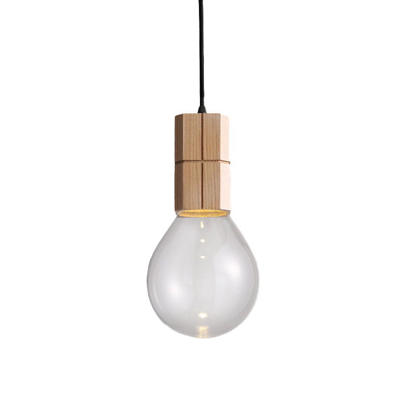 Exposed Bulb Ceiling Pendant Light Modern Clear Glass 1 Head Wood Hanging Lamp Kit in Warm/White Light Clearhalo 'Ceiling Lights' 'Glass shade' 'Glass' 'Modern Pendants' 'Modern' 'Pendant Lights' 'Pendants' Lighting' 730397