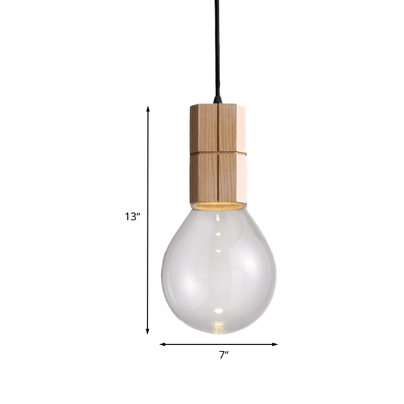 Exposed Bulb Ceiling Pendant Light Modern Clear Glass 1 Head Wood Hanging Lamp Kit in Warm/White Light Clearhalo 'Ceiling Lights' 'Glass shade' 'Glass' 'Modern Pendants' 'Modern' 'Pendant Lights' 'Pendants' Lighting' 730398