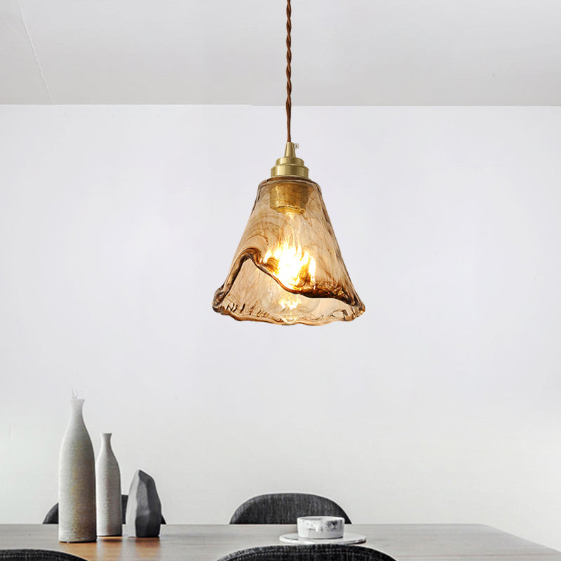 Modernism Floral Ceiling Pendant Light Amber Rippled Glass 1-Bulb Bedroom Drop Lamp in Brass Clearhalo 'Ceiling Lights' 'Modern Pendants' 'Modern' 'Pendant Lights' 'Pendants' Lighting' 730400