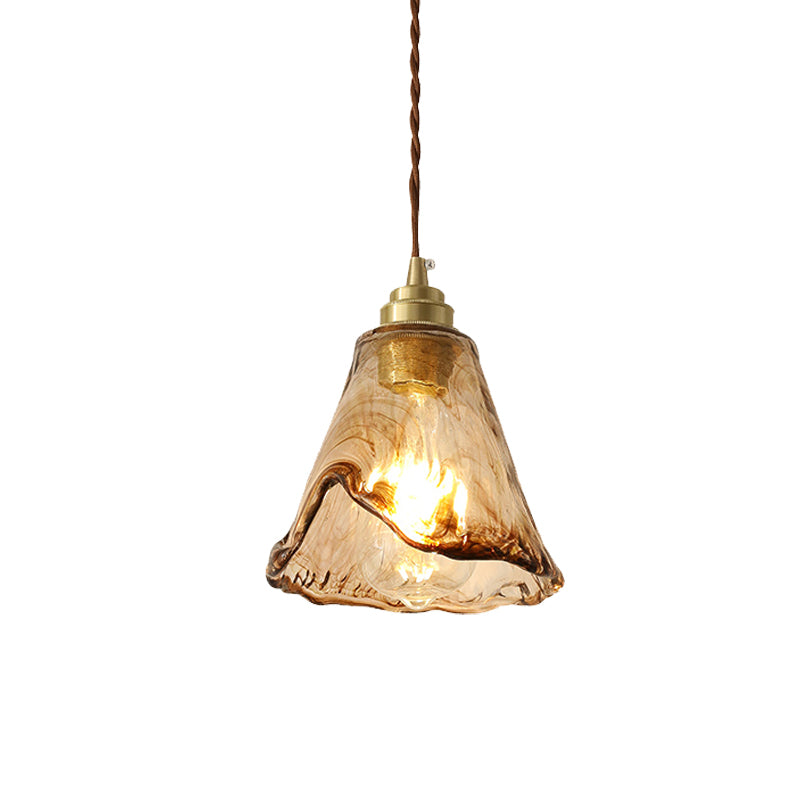 Modernism Floral Ceiling Pendant Light Amber Rippled Glass 1-Bulb Bedroom Drop Lamp in Brass Clearhalo 'Ceiling Lights' 'Modern Pendants' 'Modern' 'Pendant Lights' 'Pendants' Lighting' 730401