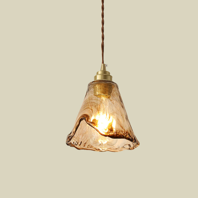 Modernism Floral Ceiling Pendant Light Amber Rippled Glass 1-Bulb Bedroom Drop Lamp in Brass Clearhalo 'Ceiling Lights' 'Modern Pendants' 'Modern' 'Pendant Lights' 'Pendants' Lighting' 730402