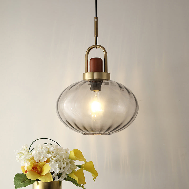1 Light Bedroom Pendant Simple Brown and Gold Hanging Lamp with Oval Smoke Gray Water Glass Shade Smoke Gray Clearhalo 'Ceiling Lights' 'Modern Pendants' 'Modern' 'Pendant Lights' 'Pendants' Lighting' 730409